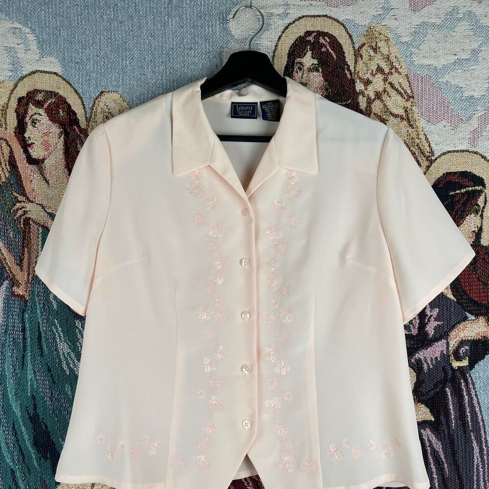 Floral Petite Blouse Laura Scott 14P pink floral polyester blouse pretty pink